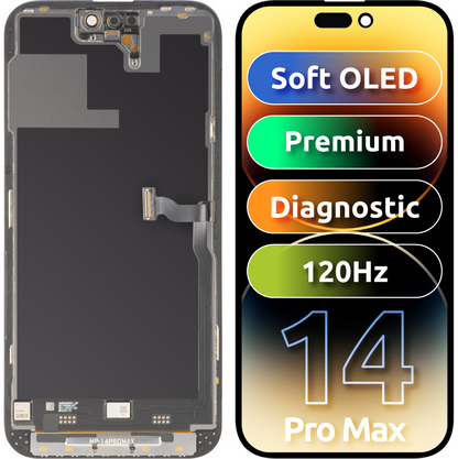 Zaslon s MP zaslonom osjetljivim na dodir kompatibilan s Apple iPhone 14 Pro Max, s okvirom, Premium Soft OLED FHD 120Hz Dijagnostika, Crna