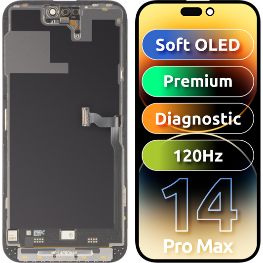 Zaslon s MP zaslonom osjetljivim na dodir kompatibilan s Apple iPhone 14 Pro Max, s okvirom, Premium Soft OLED FHD 120Hz Dijagnostika, Crna