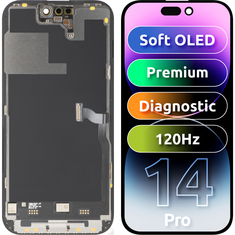 Zaslon s MP zaslonom osjetljivim na dodir kompatibilan s Apple iPhone 14 Pro, s okvirom, Premium Soft OLED FHD 120Hz Dijagnostika, Crna