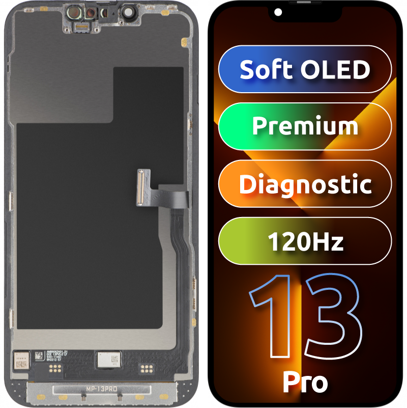 Zaslon s MP zaslonom osjetljivim na dodir kompatibilan s Apple iPhone 13 Pro, s okvirom, Premium Soft OLED FHD 120Hz Dijagnostička verzija, Crna