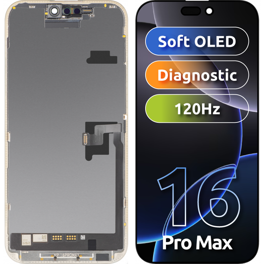 Zaslon s MP zaslonom osjetljivim na dodir kompatibilan s Apple iPhone 16 Pro Max, s okvirom, Soft OLED FHD dijagnostička verzija, crna
