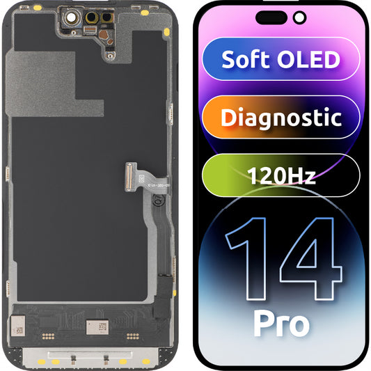 Zaslon s dodirnim zaslonom MP kompatibilan s Apple iPhone 14 Pro, s okvirom, Soft OLED verzija 120Hz FHD dijagnostika, crni