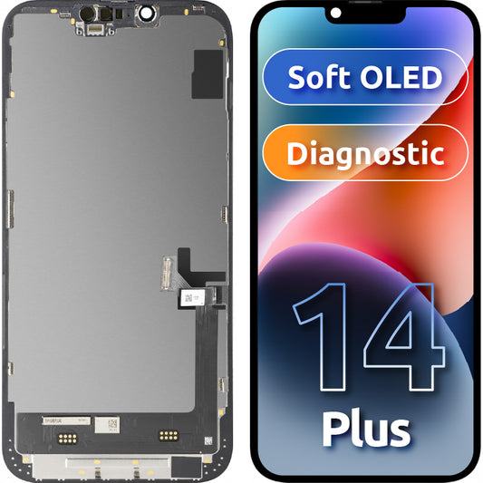 Zaslon s dodirnim zaslonom MP kompatibilan s Apple iPhone 14 Plus, s okvirom, Soft OLED FHD dijagnostička verzija, crni