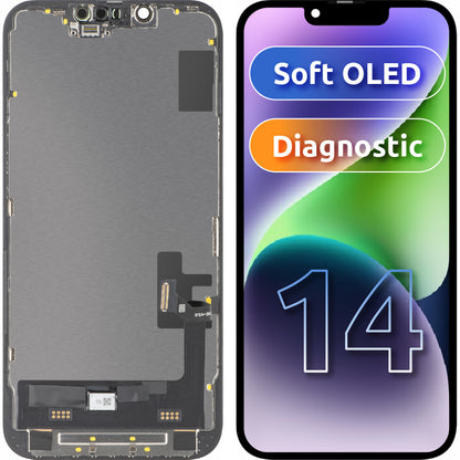 Zaslon s dodirnim zaslonom MP kompatibilan s Apple iPhone 14, s okvirom, Soft OLED FHD dijagnostička verzija, crni