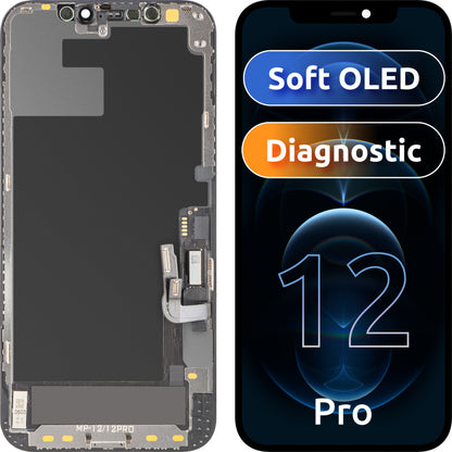 Zaslon s MP zaslonom osjetljivim na dodir kompatibilan s Apple iPhone 12 / 12 Pro, s okvirom, Soft OLED FHD dijagnostička verzija, crna