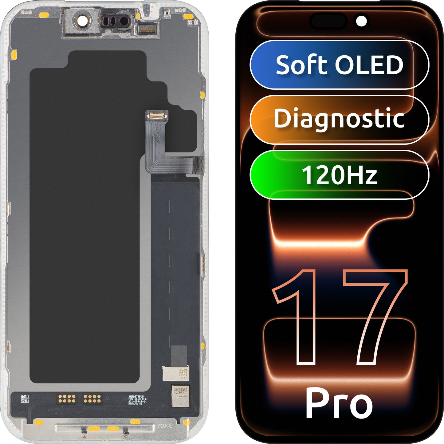 Zaslon s MP zaslonom osjetljivim na dodir kompatibilan s Apple iPhone 17 Pro, s okvirom, Soft OLED FHD 120Hz Dijagnostička verzija, Crna
