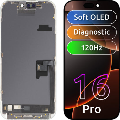 Zaslon s MP zaslonom osjetljivim na dodir kompatibilan s Apple iPhone 16 Pro, s okvirom, Soft OLED FHD 120Hz dijagnostička verzija, crna