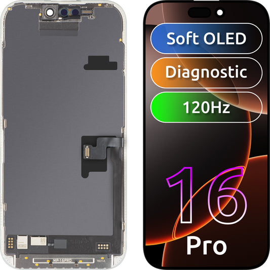 Zaslon s MP zaslonom osjetljivim na dodir kompatibilan s Apple iPhone 16 Pro, s okvirom, Soft OLED FHD 120Hz dijagnostička verzija, crna
