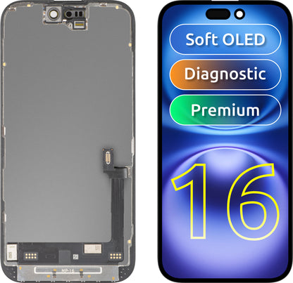 Zaslon s MP zaslonom osjetljivim na dodir kompatibilan s Apple iPhone 16, s okvirom, Premium Soft OLED FHD dijagnostička verzija, crna