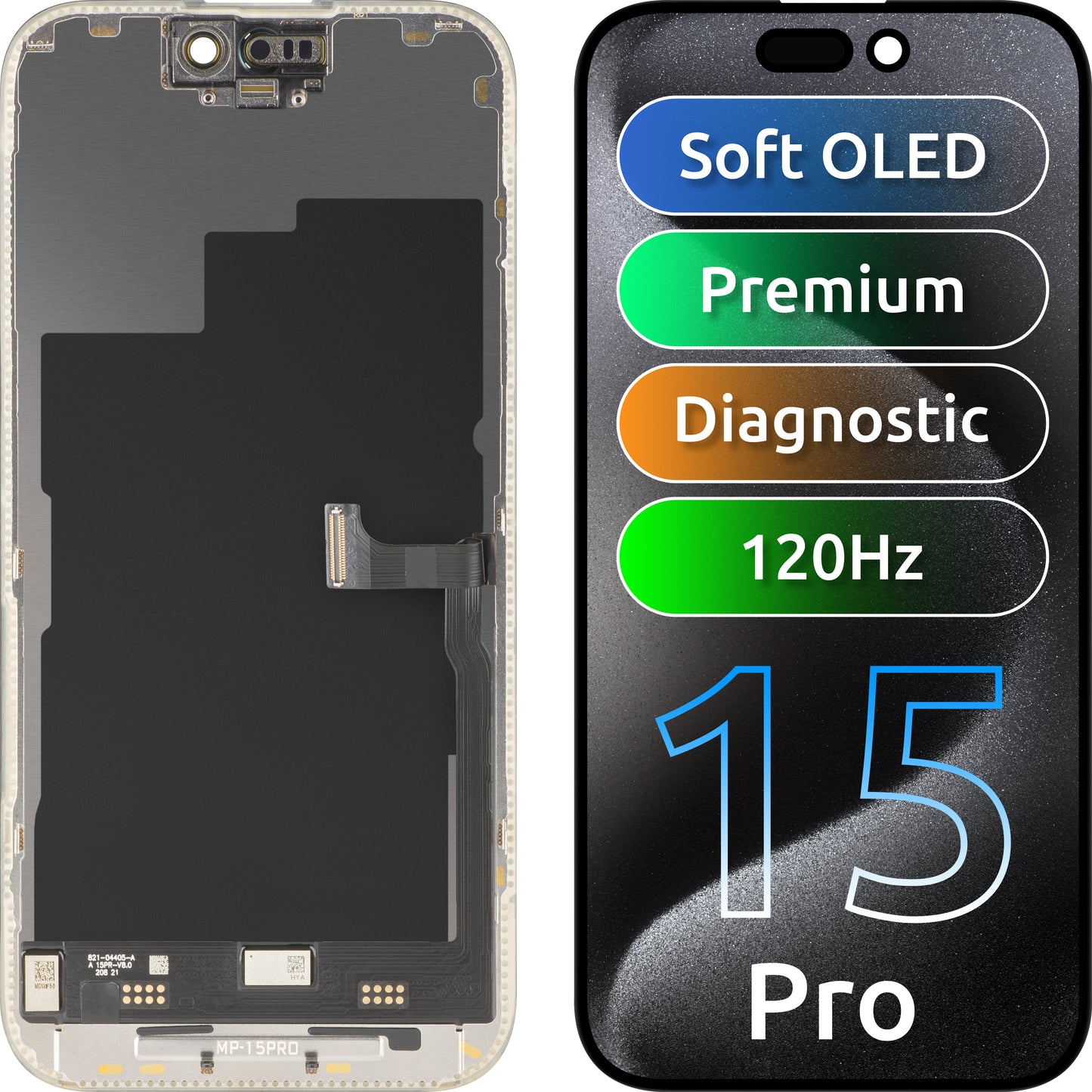 Zaslon s MP zaslonom osjetljivim na dodir kompatibilan s Apple iPhone 15 Pro, s okvirom, Premium Soft OLED FHD 120Hz Dijagnostika, Crna