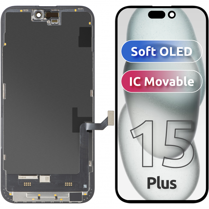 Zaslon s dodirnim zaslonom MP kompatibilan s Apple iPhone 15 Plus, s okvirom, verzija Soft OLED FHD IC Movable, crna