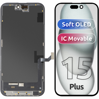 Zaslon s dodirnim zaslonom MP kompatibilan s Apple iPhone 15 Plus, s okvirom, verzija Soft OLED FHD IC Movable, crna