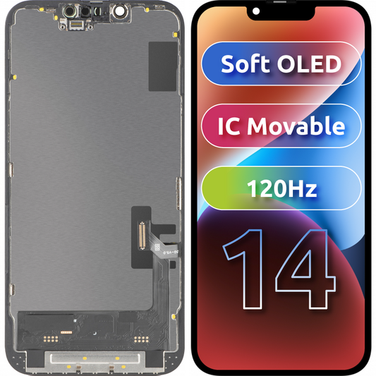 Zaslon s dodirnim zaslonom MP kompatibilan s Apple iPhone 14, s okvirom, verzija Soft OLED FHD 120Hz IC Movable, crna