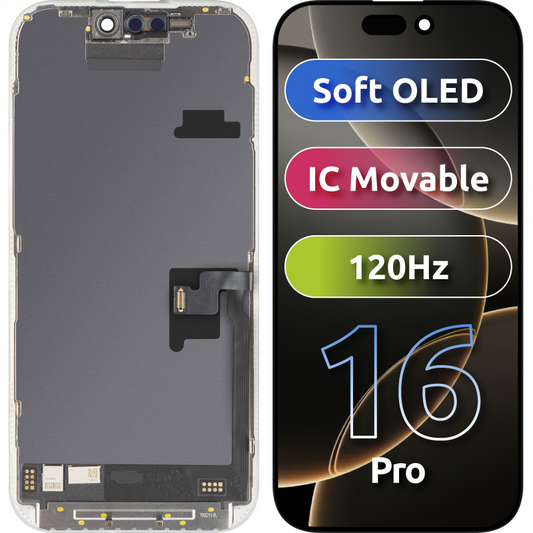 Zaslon s dodirnim zaslonom MP kompatibilan s Apple iPhone 16 Pro, s okvirom, Soft OLED FHD verzija 120Hz IC Movable, Crni