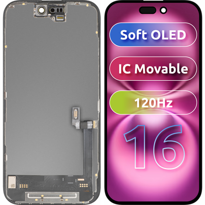 Zaslon s dodirnim zaslonom MP kompatibilan s Apple iPhone 16, s okvirom, Soft OLED FHD verzija 120Hz IC Movable, Crni