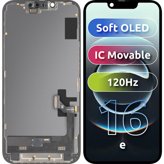 Zaslon s MP zaslonom osjetljivim na dodir kompatibilan s Apple iPhone 17e / 16e, s okvirom, Soft OLED FHD 120Hz IC Movable verzija, Crna