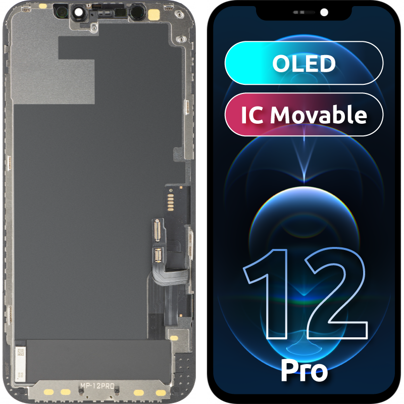 Zaslon s dodirnim ekranom MP kompatibilan s Apple iPhone 12 / 12 Pro, s okvirom, OLED FHD IC Movable verzija, crna