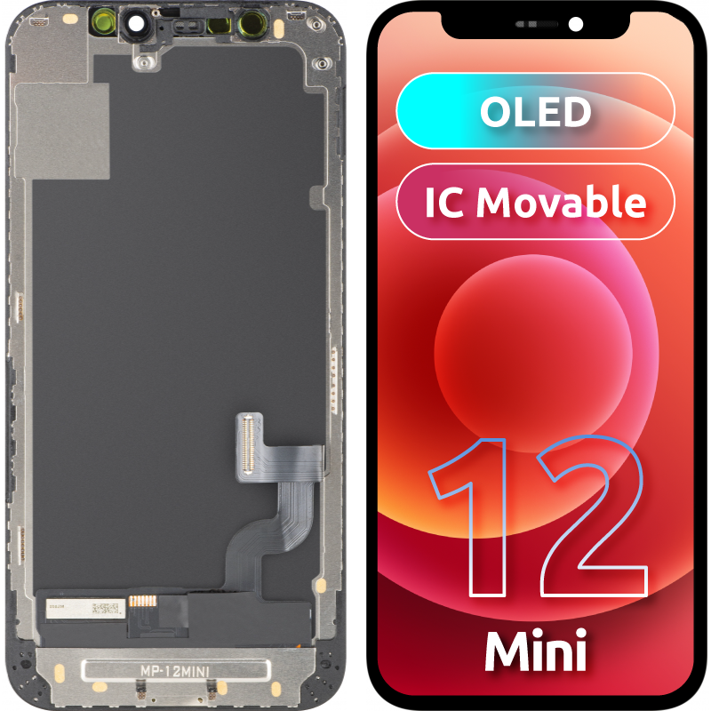 Zaslon s MP zaslonom osjetljivim na dodir kompatibilan s Apple iPhone 12 mini, s okvirom, OLED FHD IC Movable verzija, crna