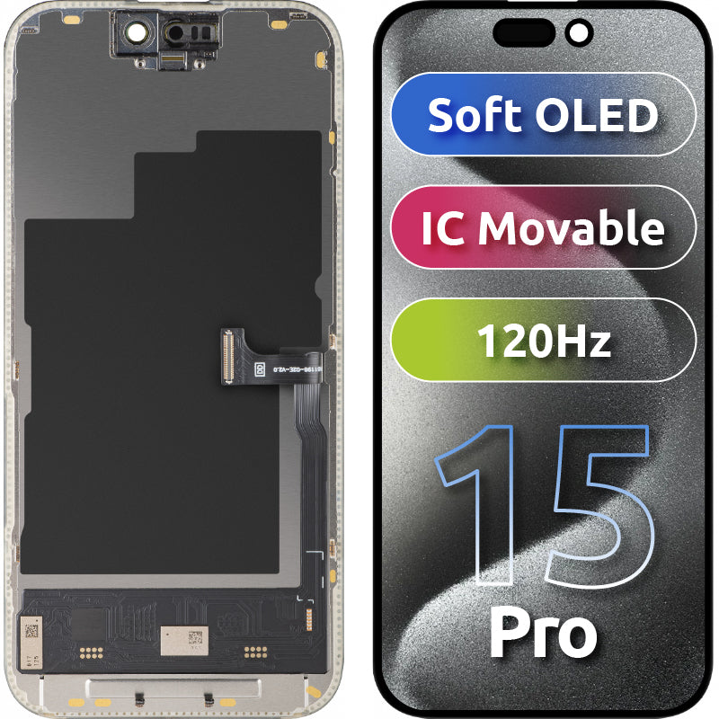 Zaslon s dodirnim zaslonom MP kompatibilan s Apple iPhone 15 Pro, s okvirom, verzija Soft OLED IC Movable 120Hz FHD, crna