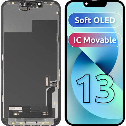 Zaslon s dodirnim zaslonom MP kompatibilan s Apple iPhone 13, s okvirom, Soft OLED IC Movable FHD verzija, Crna