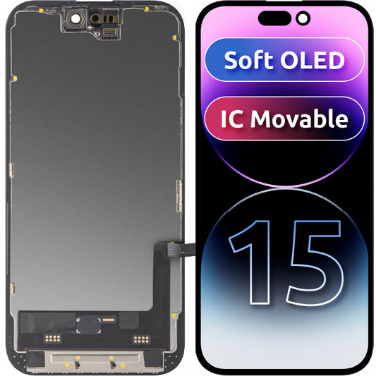 Display s Touchscreenom MP kompatibilan s Apple iPhone 15, s Okvirom, Verzija Soft OLED FHD IC Movable, Crni