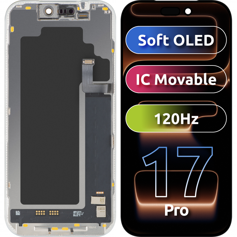 Zaslon s MP zaslonom osjetljivim na dodir kompatibilan s Apple iPhone 17 Pro, s okvirom, Soft OLED FHD 120Hz IC Movable verzija, Crna