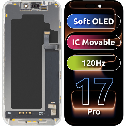 Zaslon s MP zaslonom osjetljivim na dodir kompatibilan s Apple iPhone 17 Pro, s okvirom, Soft OLED FHD 120Hz IC Movable verzija, Crna