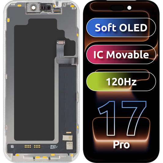 Zaslon s MP zaslonom osjetljivim na dodir kompatibilan s Apple iPhone 17 Pro, s okvirom, Soft OLED FHD 120Hz IC Movable verzija, Crna