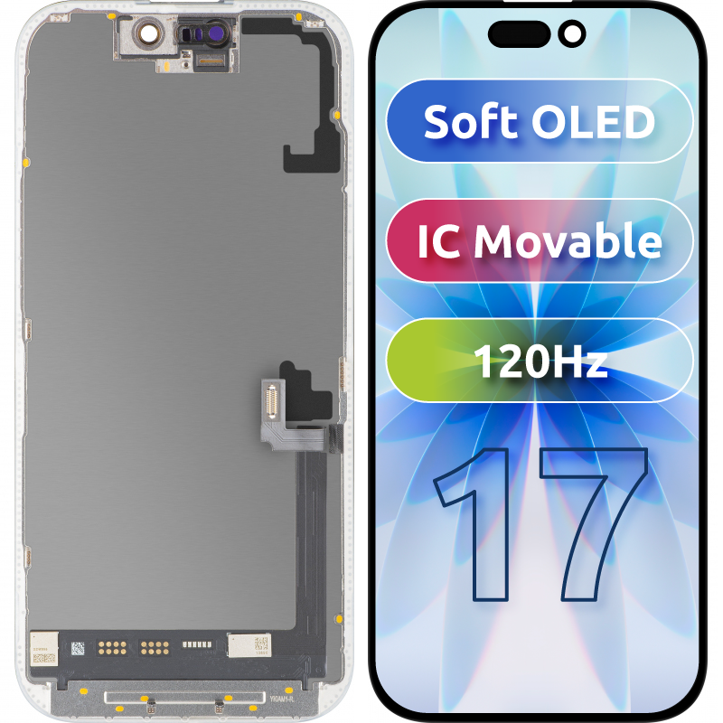 Zaslon s MP zaslonom osjetljivim na dodir kompatibilan s Apple iPhone 17, s okvirom, Soft OLED FHD 120Hz IC Movable verzija, Crna
