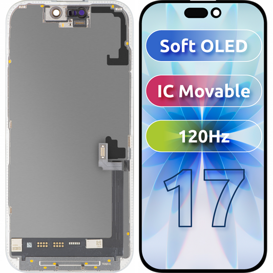 Zaslon s MP zaslonom osjetljivim na dodir kompatibilan s Apple iPhone 17, s okvirom, Soft OLED FHD 120Hz IC Movable verzija, Crna