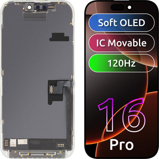 Zaslon s dodirnim zaslonom MP kompatibilan s Apple iPhone 16 Pro, s okvirom, Soft OLED FHD verzija 120Hz IC Movable, Crni