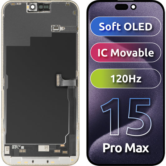 Zaslon s dodirnim zaslonom MP kompatibilan s Apple iPhone 15 Pro Max, s okvirom, Soft OLED IC Movable verzija 120Hz FHD, Crna