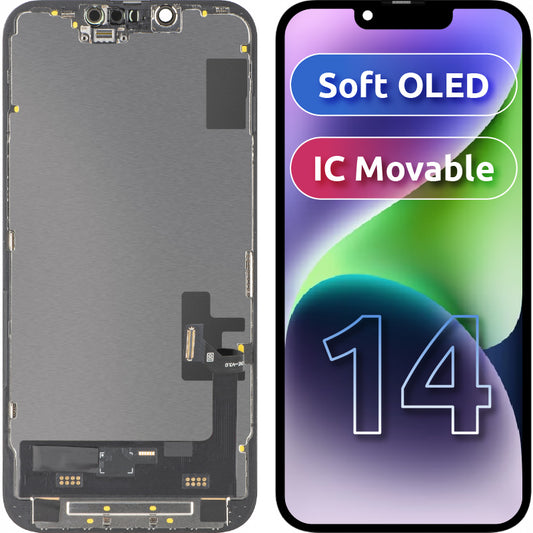 Zaslon s dodirnim zaslonom MP kompatibilan s Apple iPhone 14, s okvirom, verzija Soft OLED IC Movable FHD, crna