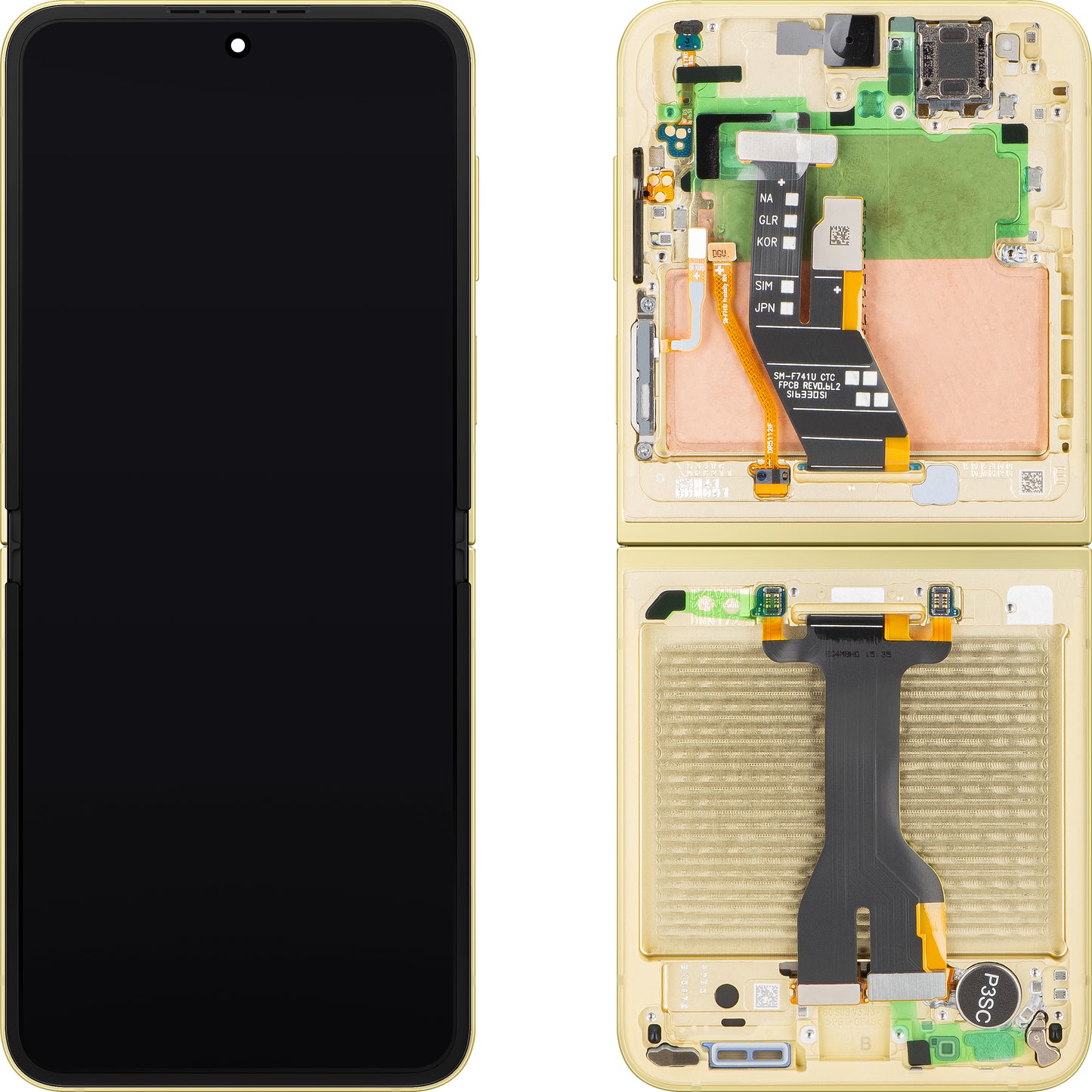 Zaslon s dodirnim zaslonom Samsung Galaxy Z Flip6 F741, s okvirom, unutarnji dio, žuta boja, servisni paket GH82-35014B