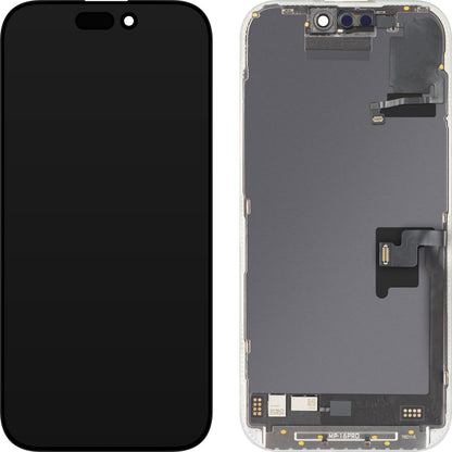 Zaslon s dodirnim zaslonom i senzorom blizine svjetla MP kompatibilan s Apple iPhone 16 Pro, s okvirom, Soft OLED FHD 120Hz dijagnostička verzija, crna
