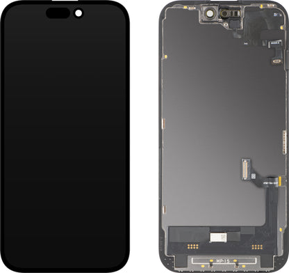 Zaslon s dodirnim zaslonom i senzorom blizine MP kompatibilan s Apple iPhone 15, s okvirom, Soft OLED FHD dijagnostička verzija, crna