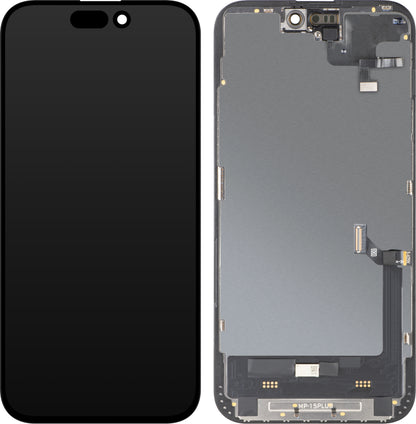 Zaslon s dodirnim zaslonom i senzorom blizine MP kompatibilan s Apple iPhone 15 Plus, s okvirom, Soft OLED FHD dijagnostička verzija, crna