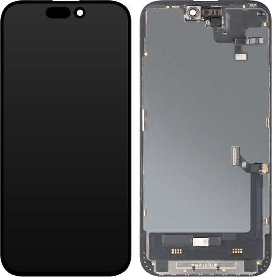 Zaslon s dodirnim zaslonom i senzorom blizine MP kompatibilan s Apple iPhone 15 Plus, s okvirom, Soft OLED FHD dijagnostička verzija, crna