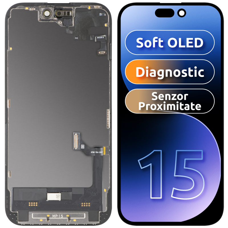 Zaslon s dodirnim zaslonom i senzorom blizine MP kompatibilan s Apple iPhone 15, s okvirom, Soft OLED FHD dijagnostička verzija, crna