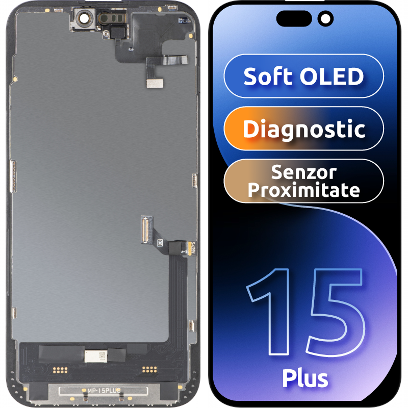 Zaslon s dodirnim zaslonom i senzorom blizine MP kompatibilan s Apple iPhone 15 Plus, s okvirom, Soft OLED FHD dijagnostička verzija, crna