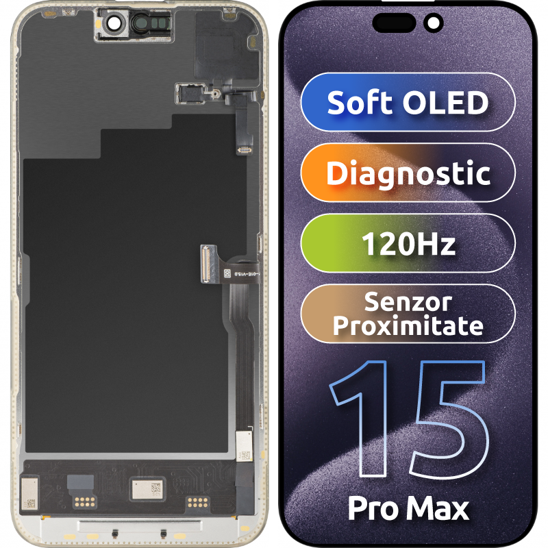 Zaslon s dodirnim zaslonom i senzorom blizine MP kompatibilan s Apple iPhone 15 Pro Max, s okvirom, Soft OLED FHD 120Hz dijagnostička verzija, crna