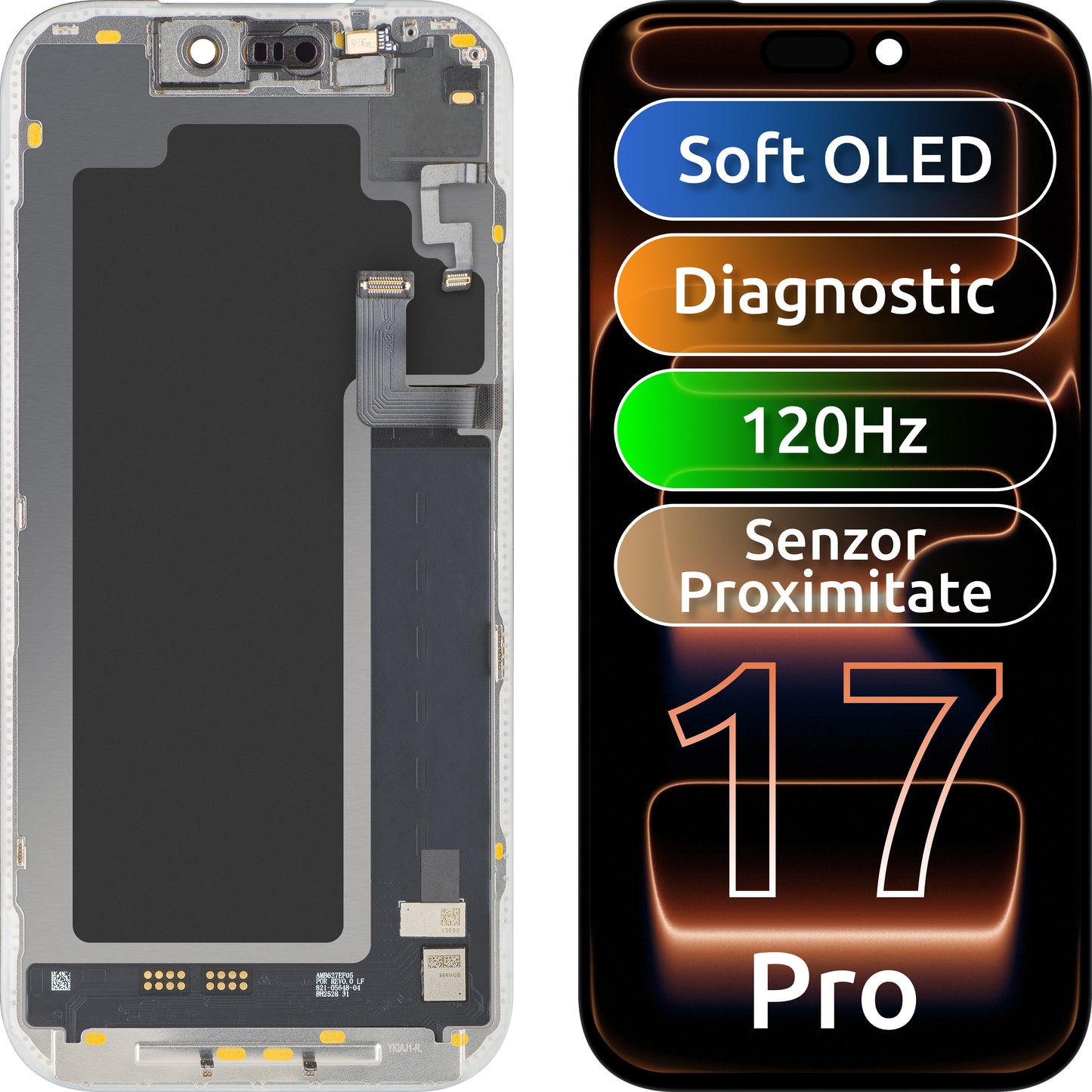 Zaslon s dodirnim zaslonom i senzorom blizine svjetla MP kompatibilan s Apple iPhone 17 Pro, s okvirom, Soft OLED FHD 120Hz dijagnostička verzija, crna
