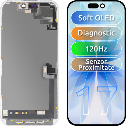 Zaslon s dodirnim zaslonom i senzorom blizine MP kompatibilan s Apple iPhone 17, s okvirom, Soft OLED FHD 120Hz dijagnostička verzija, crna