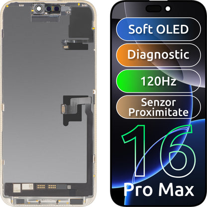 Zaslon s dodirnim zaslonom i senzorom blizine MP kompatibilan s Apple iPhone 16 Pro Max, s okvirom, Soft OLED FHD 120Hz dijagnostička verzija, crna