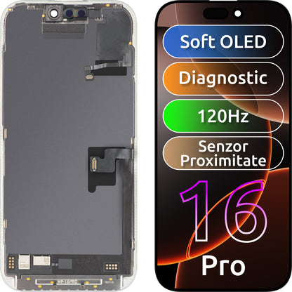 Zaslon s dodirnim zaslonom i senzorom blizine svjetla MP kompatibilan s Apple iPhone 16 Pro, s okvirom, Soft OLED FHD 120Hz dijagnostička verzija, crna
