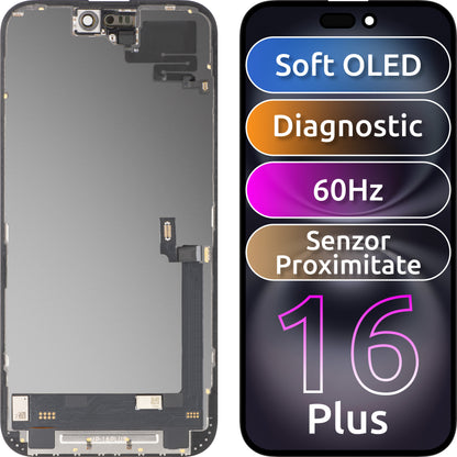 Zaslon s dodirnim zaslonom i MP senzorom blizine kompatibilan s Apple iPhone 16 Plus, s okvirom, Soft OLED FHD dijagnostička verzija, Crna