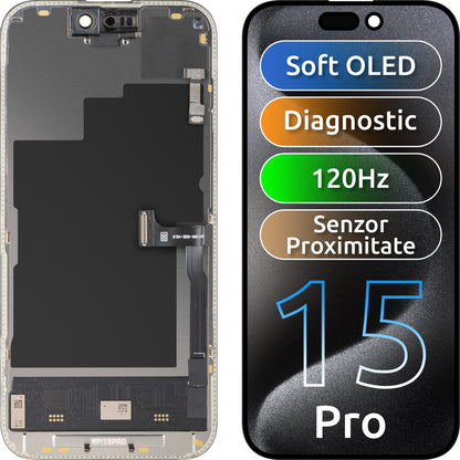 Zaslon s dodirnim zaslonom i senzorom blizine MP kompatibilan s Apple iPhone 15 Pro, s okvirom, Soft OLED FHD 120Hz dijagnostička verzija, crna