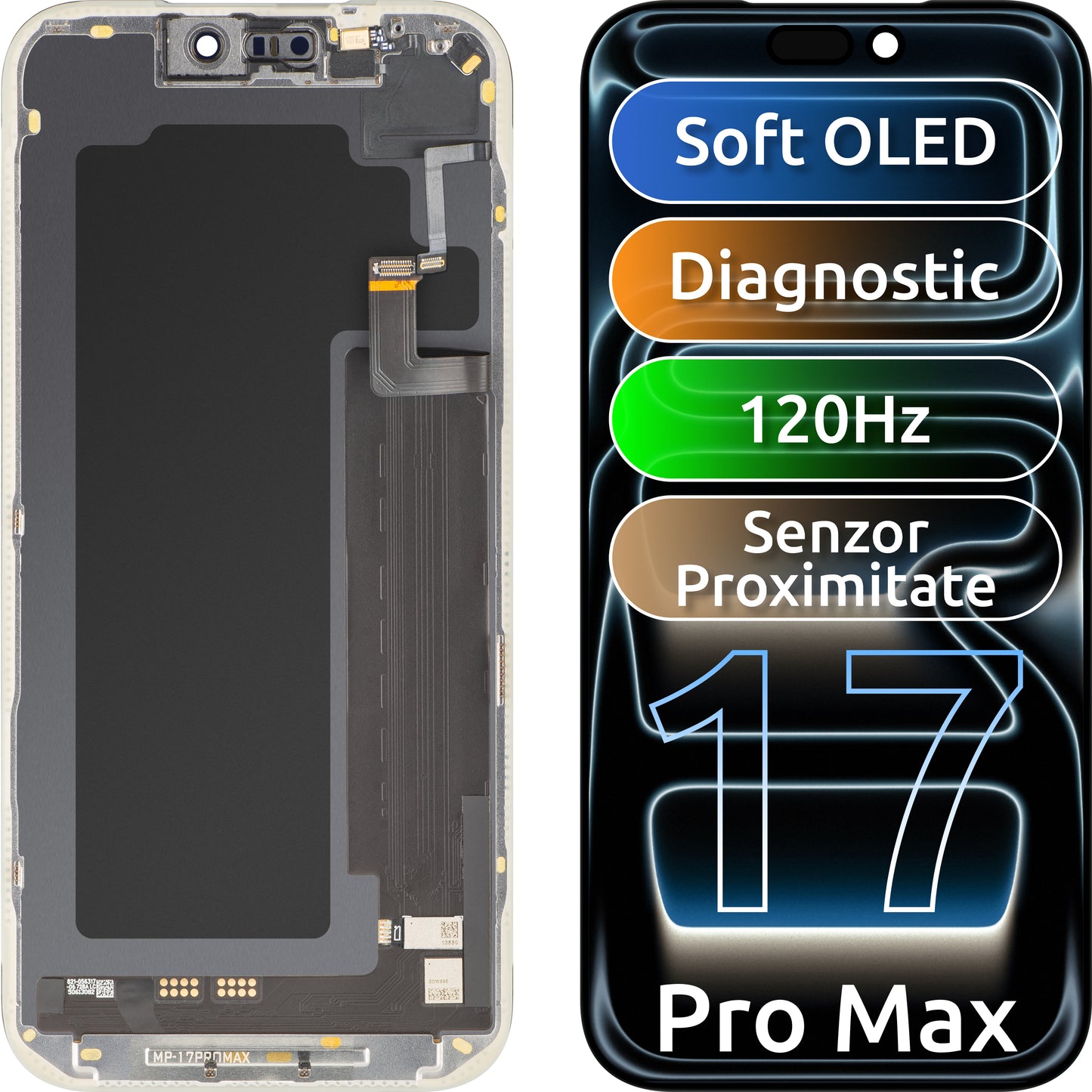 Zaslon s dodirnim zaslonom i senzorom blizine svjetla MP kompatibilan s Apple iPhone 17 Pro Max, s okvirom, Soft OLED FHD 120Hz dijagnostička verzija, crna