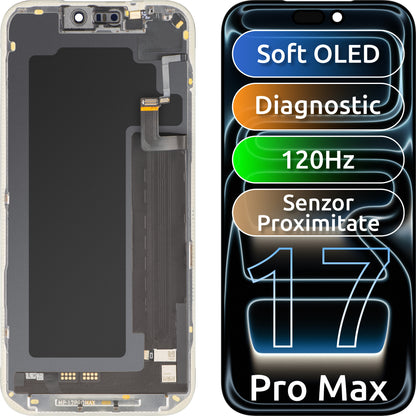 Zaslon s dodirnim zaslonom i senzorom blizine svjetla MP kompatibilan s Apple iPhone 17 Pro Max, s okvirom, Soft OLED FHD 120Hz dijagnostička verzija, crna