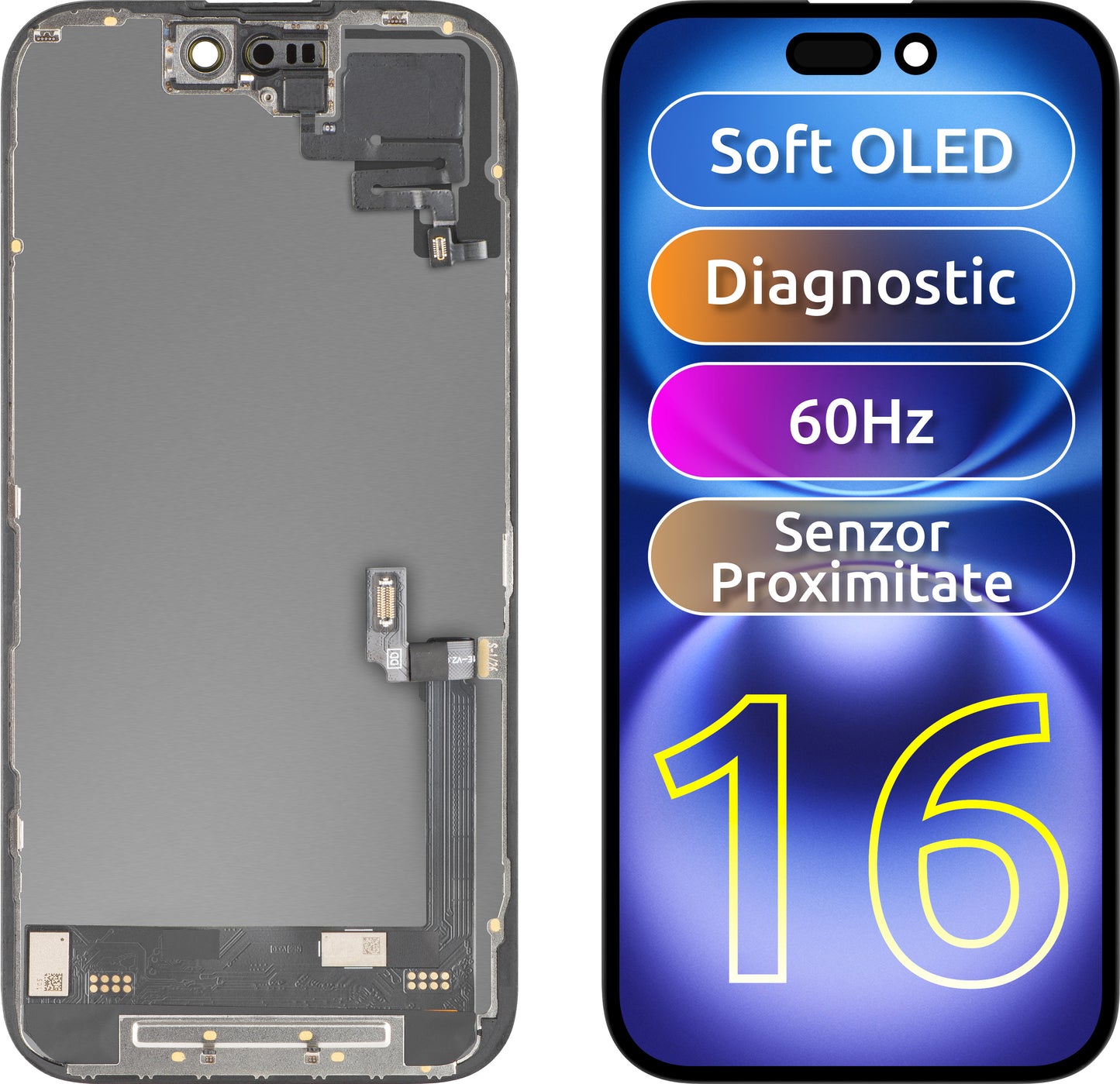 Zaslon s dodirnim zaslonom i senzorom blizine MP kompatibilan s Apple iPhone 16, s okvirom, Soft OLED FHD dijagnostička verzija, crna
